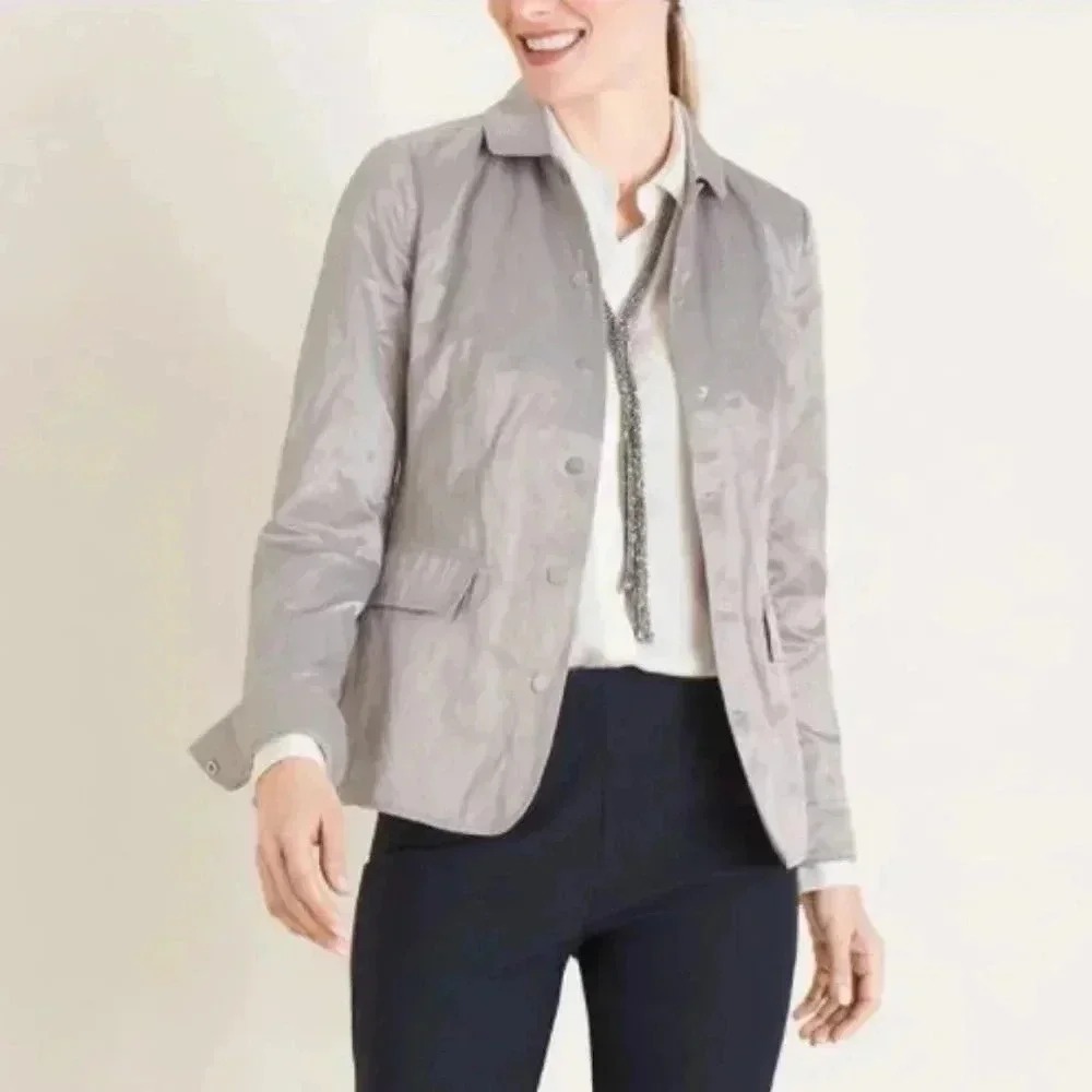 Chicos Womens Silver Metallic Button Front Jacket Grey Shimmer Blazer Size 1 (8)